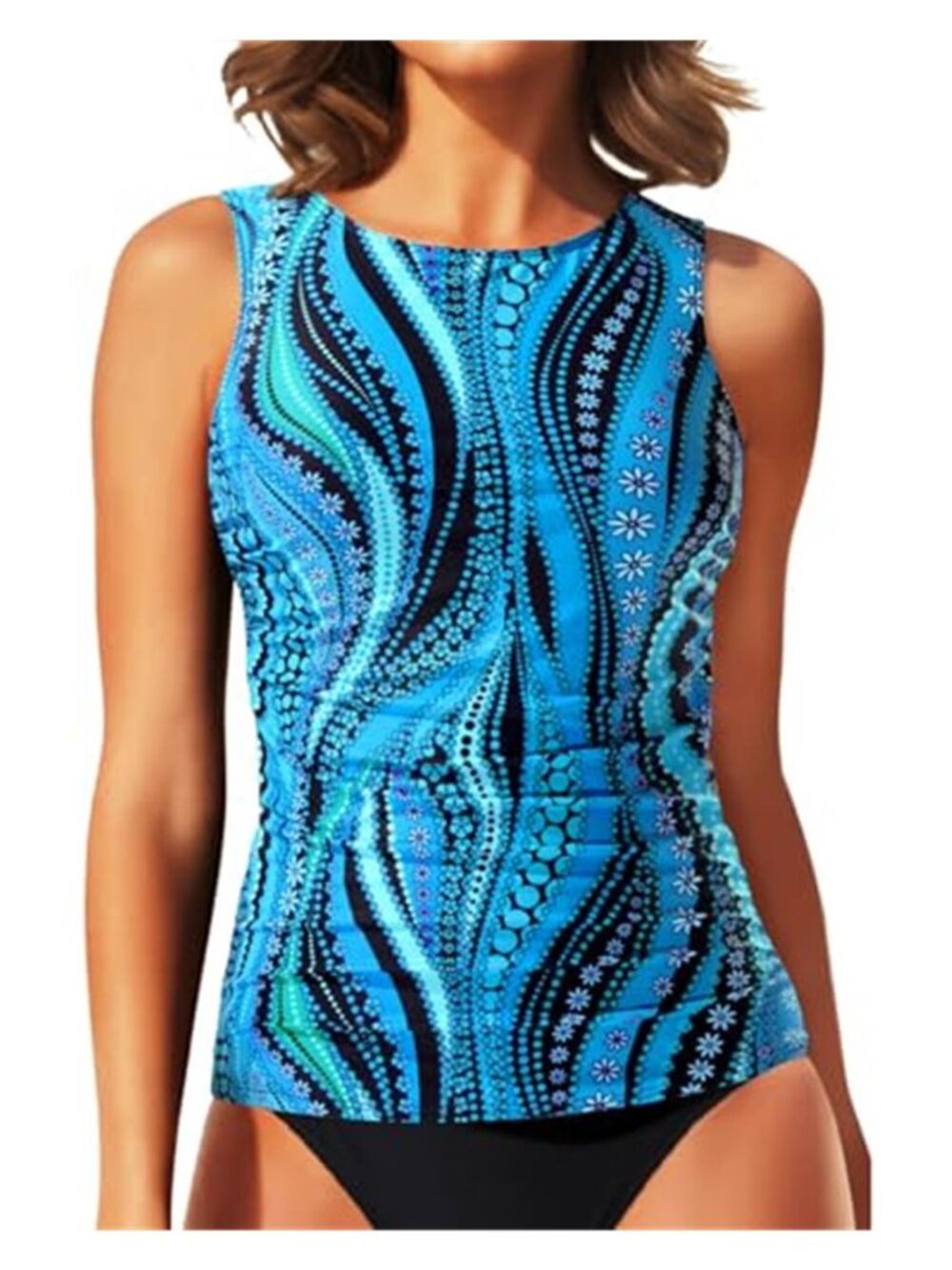 High Neck Tankini Top Tummy Control Ruched Swim Tank Modest Bathing Suit Blue